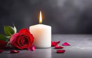 a candle and rose on a table