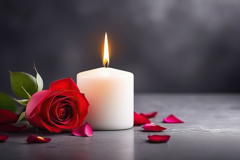 White candle with a rose and flowers petals on grey stone panoramic background with copy space, funeral web banner a candle and rose on a table