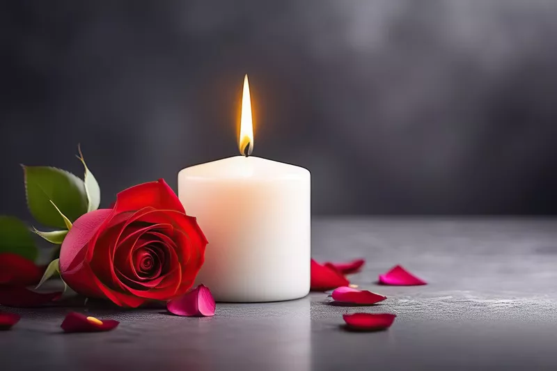 a candle and rose on a table